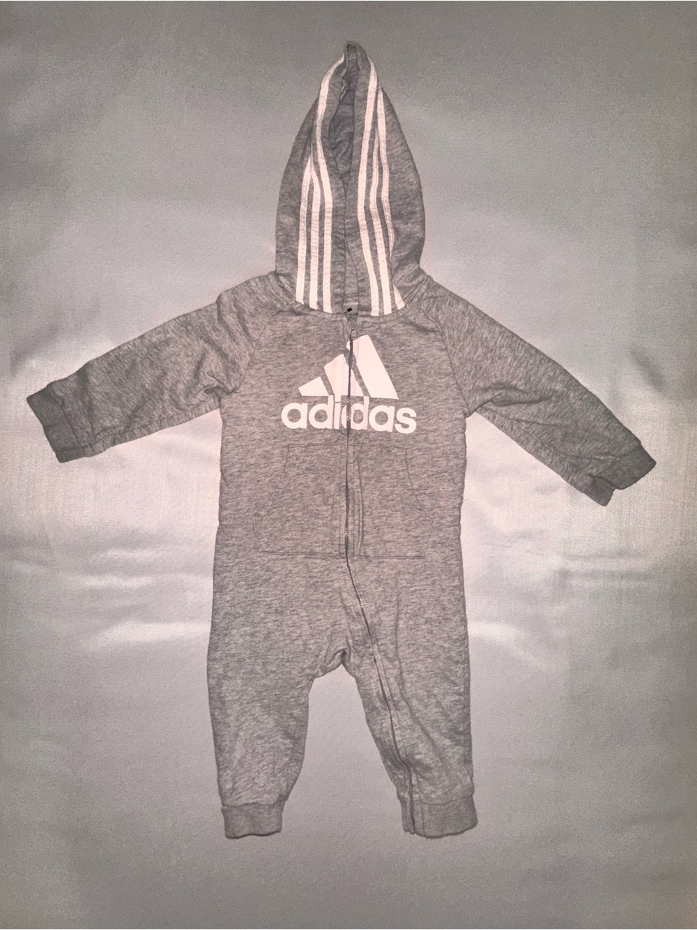 Adidas Gray Hooded Baby One-Piece Romper - 12 Months